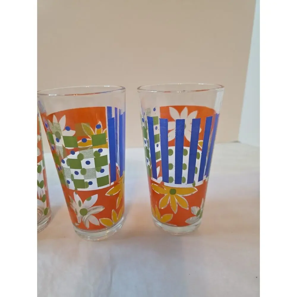 Vtg KIG Vertical Stripe Blue Green Clear MCM Drinking Glasses 12 oz Retro Kitsch